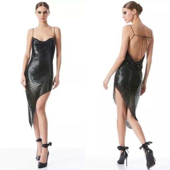 NWT Alice + Olivia Harmony Asymmetrical Cowl Neck Chainmail Dress Size 4 $695 - Picture 1 of 11